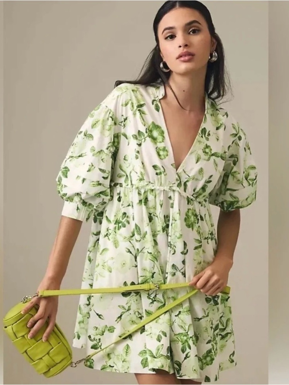 Maeve Anthropologie Green floral tunic dress pockets S